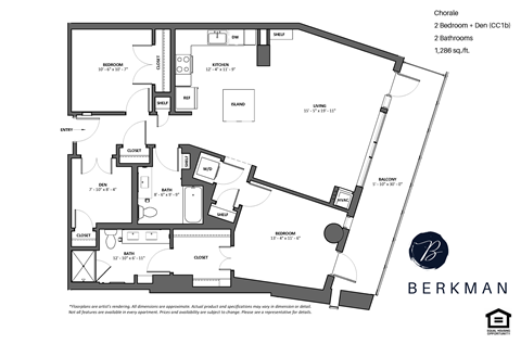 Floor plan for 2 beds, 2 baths, 1286 sqft